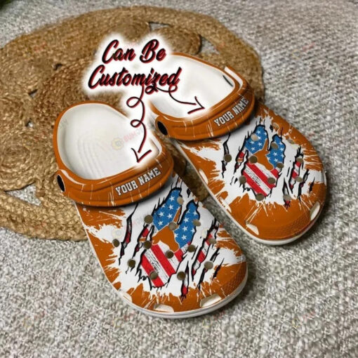 NCAA Texas Longhorns Logo Ripped American Flag Pattern Custom Name Crocband Clog Comfortable Water Shoes - AOP Clog