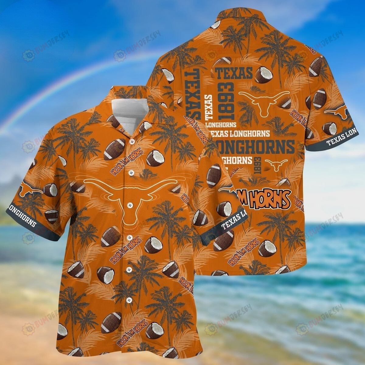 NCAA Texas Longhorns Logo Tropical Flowery Coconut Palm Pattern Orange 3D Hawaiian Shirt SH1
