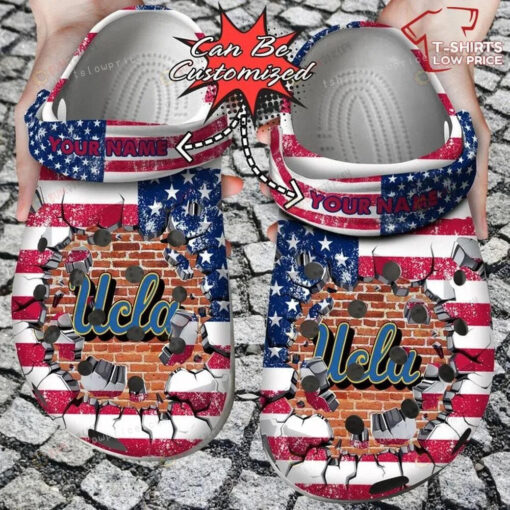 NCAA UCLA Bruins University American Flag Breaking Wall Custom Name Crocband Clog Comfortable Water Shoes - AOP Clog