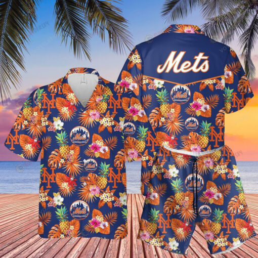 NY Mets Pineapple Hawaiian Shirt Set In Navy Blue