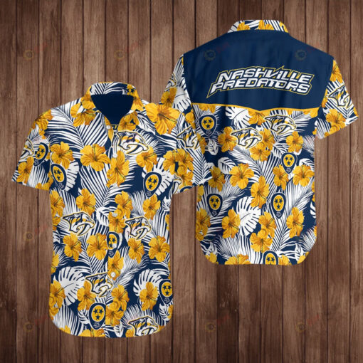 Nashville Predators Floral & Leaf Pattern Curved Hawaiian Shirt In Blue & Yellow