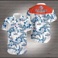 Natural Light Floral & Leaf Pattern Curved Hawaiian Shirt In White & Blue