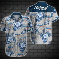 Natural Light Leaf & Flower Pattern Curved Hawaiian Shirt In Grey & Blue