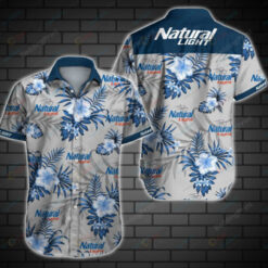 Natural Light Leaf & Flower Pattern Curved Hawaiian Shirt In White & Blue