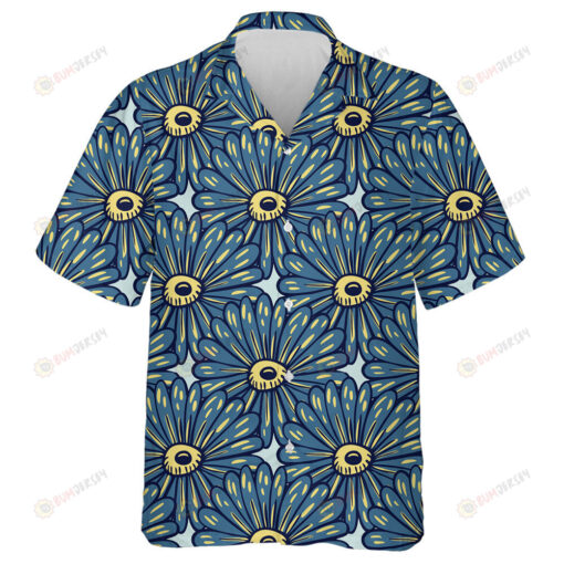 Navy Blue Big Sunflowers Silhouettes On Light Blue Background Hawaiian Shirt