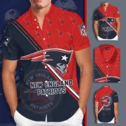 New England Patriot Big Logo Curved Hawaiian Shirt In Red And Blue