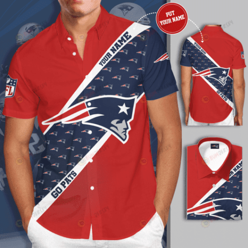 New England Patriots Big Logo Custom Name Curved Hawaiian Shirt In Red