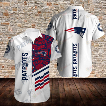 New England Patriots Button Up Pattern Curved Hawaiian Shirt In White & Red