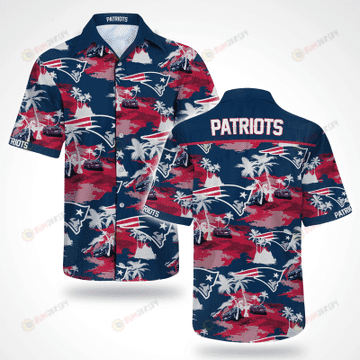 New England Patriots Coconut Tree Pattern Curved Hawaiian Shirt In Red & Blue