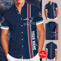 New England Patriots Logo Custom Name Curved Hawaiian Shirt In Blue