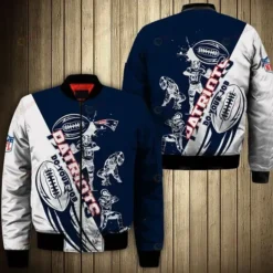 New England Patriots Players Pattern Bomber Jacket - White And Navy