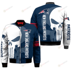New England Patriots Text And Skull Pattern Bomber Jacket - Blue/ White