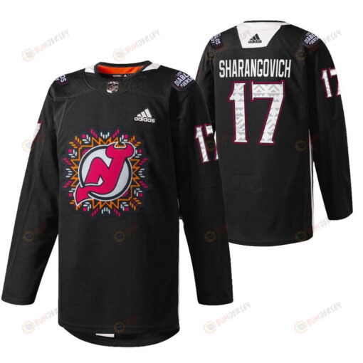 New Jersey Devils 17 Yegor Sharangovich 2022 Hispanic Heritage Night Jersey Black Warm-Up Jersey