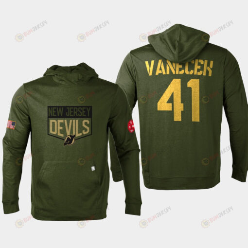 New Jersey Devils 41 Vitek Vanecek 2022 Salute to Service Olive Pullover Hoodie