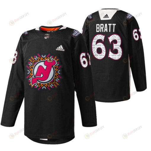 New Jersey Devils 63 Jesper Bratt 2022 Hispanic Heritage Night Jersey Black Warm-Up Jersey