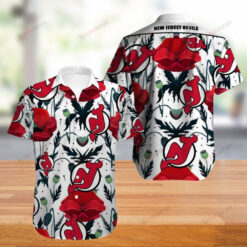 New Jersey Devils Floral & Leaf Pattern Curved Hawaiian Shirt In White & Red