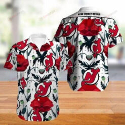 New Jersey Devils Red Pattern Curved Hawaiian Shirt In White