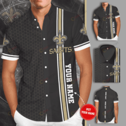 New Orleans Saints Custom Name Curved Hawaiian Shirt In Black
