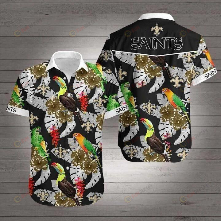 New Orleans Saints Floral Parrot Curved Hawaiian Shirt In Black