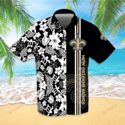 New Orleans Saints Logo Black Hawaiian Shirt With Floral And Leaves Pattern