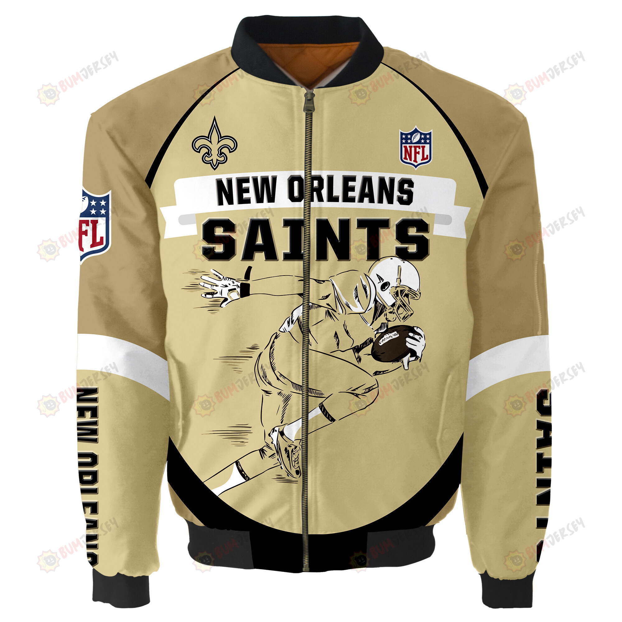 New Orleans Saints Players Running Logo Pattern Bomber Jacket - Yellow