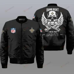 New Orleans Saints Wings Skull Pattern Bomber Jacket - Black