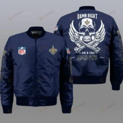 New Orleans Saints Wings Skull Pattern Bomber Jacket - Navy Blue