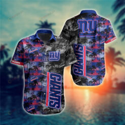 New York Giants Coconut Tree Pattern Curved Hawaiian Shirt In Dark Blue & Black