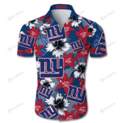 New York Giants Floral & Leaf Pattern Curved Hawaiian Shirt In Red & Blue