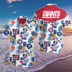 New York Giants Floral & Pineapple Pattern Curved Hawaiian Shirt In White & Blue