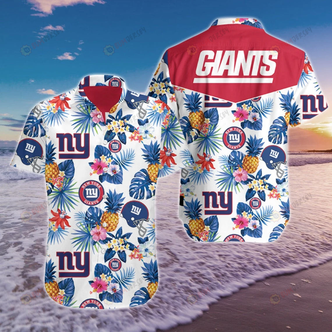 New York Giants Floral & Pineapple Pattern Curved Hawaiian Shirt In White & Blue