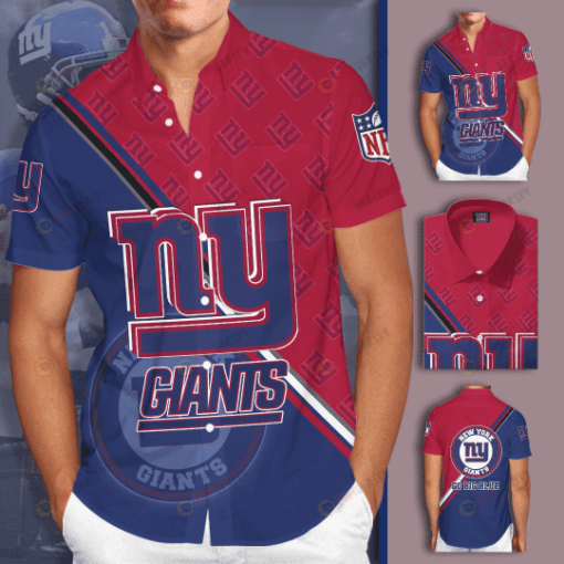 New York Giants Logo Curved Hawaiian Shirt In Red And Blue