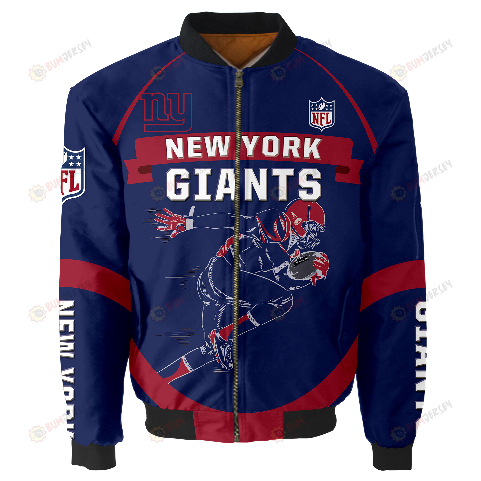 New York Giants Players Running Logo Pattern Bomber Jacket - Blue