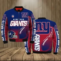 New York Giants Team Logo Pattern Bomber Jacket - Navy Blue And Red