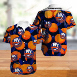 New York Islanders Fruit & Leaf Pattern Curved Hawaiian Shirt In Orange & Blue