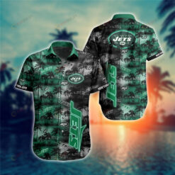New York Jets Coconut Tree Pattern Curved Hawaiian Shirt In Green & Black