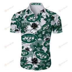 New York Jets Floral & Leaf Pattern Curved Hawaiian Shirt In White & Green