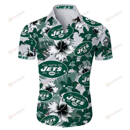 New York Jets Floral & Leaf Pattern Curved Hawaiian Shirt In White & Green