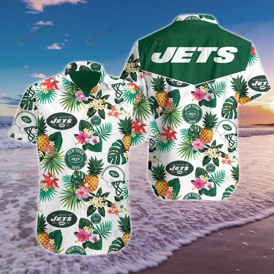 New York Jets Floral & Pineapple Pattern Curved Hawaiian Shirt In Green