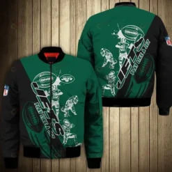 New York Jets Players Pattern Bomber Jacket - Black And Green