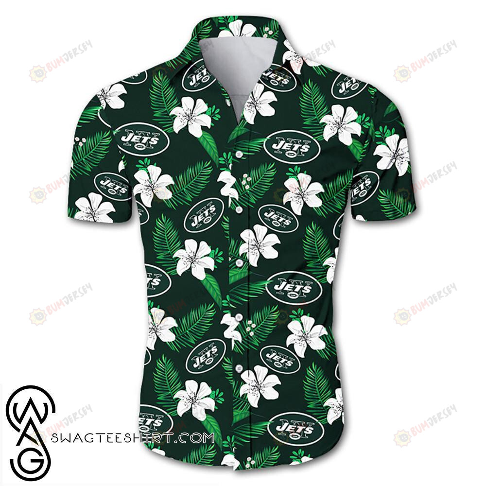 New York Jets Tropical Flower Curved Hawaiian Shirt