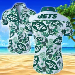 New York Jets With Green Tropical Floral And Leave Hawaiian Shirt