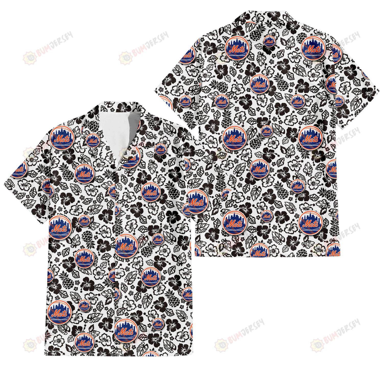 New York Mets Black And White Hibiscus Leaf White Background 3D Hawaiian Shirt