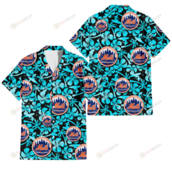 New York Mets Blue Hibiscus Blue Coconut Tree Black Background 3D Hawaiian Shirt