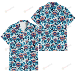 New York Mets Blue Line White Hibiscus Black Background 3D Hawaiian Shirt