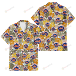 New York Mets Brown Yellow Hibiscus White Background 3D Hawaiian Shirt