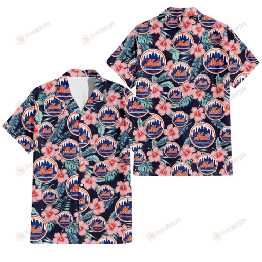 New York Mets Coral Hibiscus Green Banana Leaf Black Background 3D Hawaiian Shirt