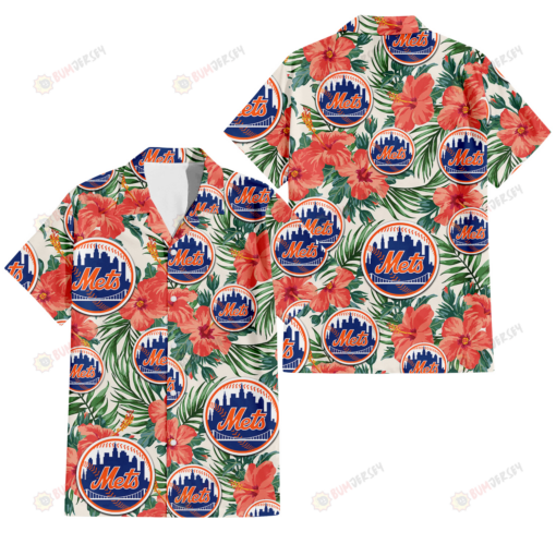 New York Mets Coral Hibiscus Green Leaf Beige Background 3D Hawaiian Shirt