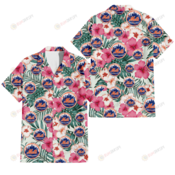New York Mets Coral Pink Hibiscus Green Leaf Beige Background 3D Hawaiian Shirt