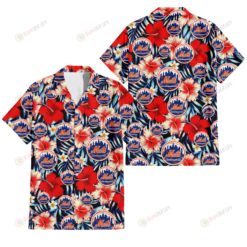 New York Mets Coral Red Hibiscus Blue Palm Leaf Black Background 3D Hawaiian Shirt